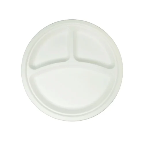 Compostable round plates 10mm featuring three compartment for organizing your meal