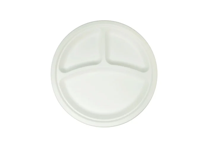 Compostable round plates 10mm featuring three compartment for organizing your meal