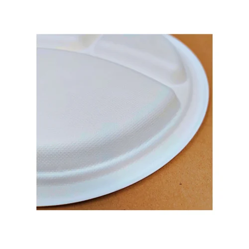 Compostable 10mm white plate made from sugarcane pulp with 3 compartment