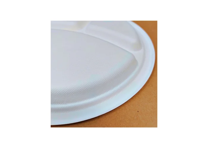 Compostable 10mm white plate made from sugarcane pulp with 3 compartment