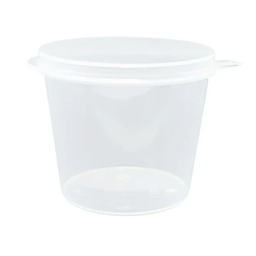 Small 1oz plastic portion cup with hinged lid for restaurants
