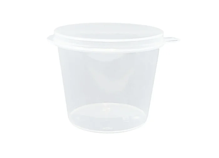 Small 1oz plastic portion cup with hinged lid for restaurants