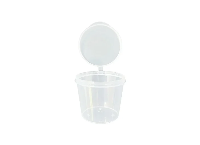 Recyclable PP5 plastic 2oz portion cups with hinged lids