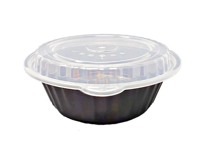 32oz black round bowls with lids, designed to be microwaveable and dishwasher safe