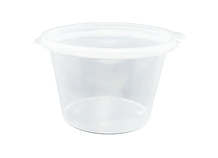 Plastic 4oz portion cups with hinged lids for takeout needs