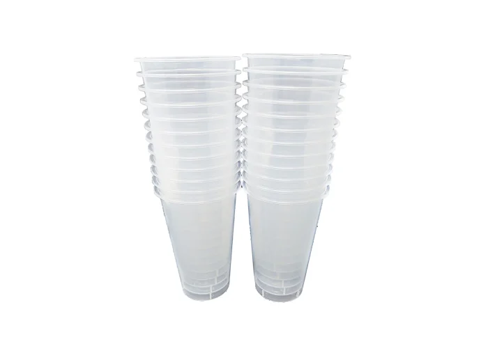 A case of 500 clear plastic cups, each holding 500ml and measuring 90mm in diameter