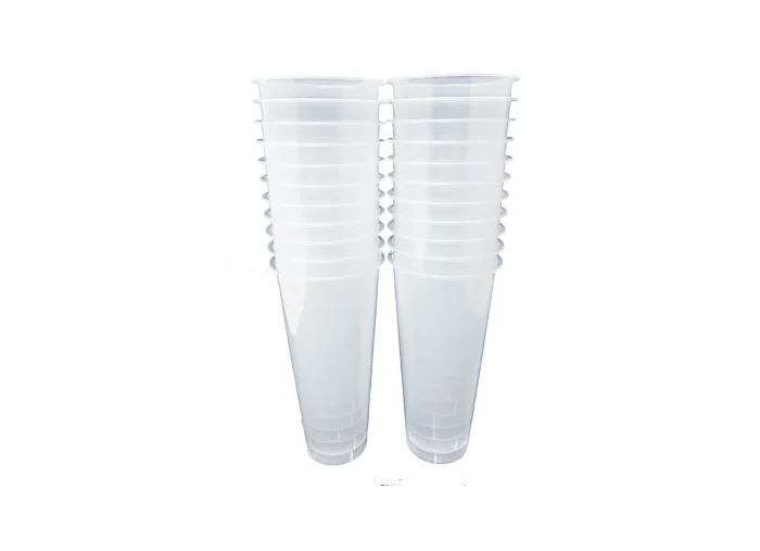 Clear 90mm cups, holding 700ml, perfect for showcasing refreshing beverages