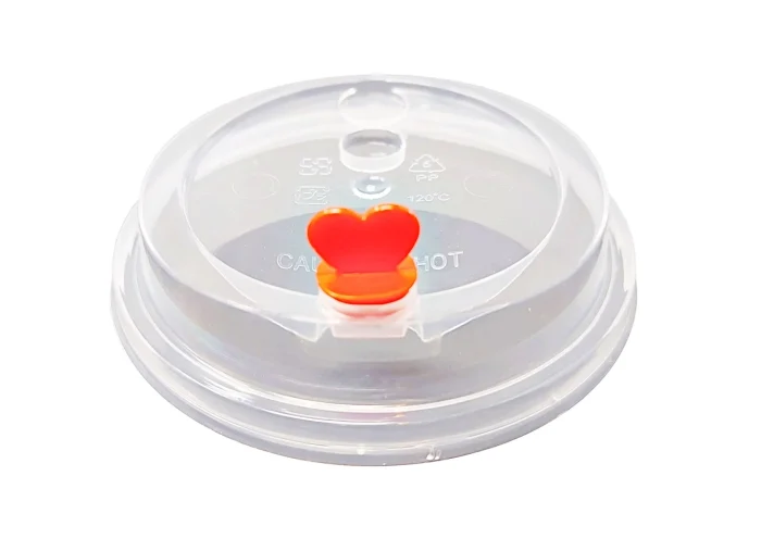 Transparent 95mm plastic lid with built-in red heart shaped stoppers