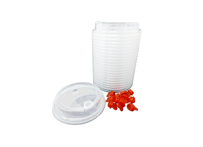 Bulk pack of 1000 plastic lids with red stoppers