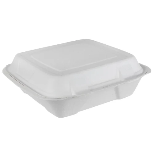 Closed compostable hinged food container made from sugarcane fiber