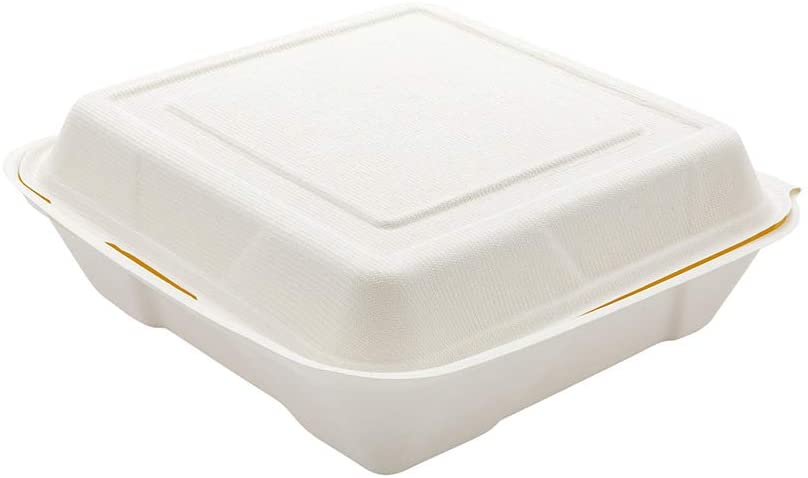 Environmentally friendly compostable 8x8x2.5 hinged container