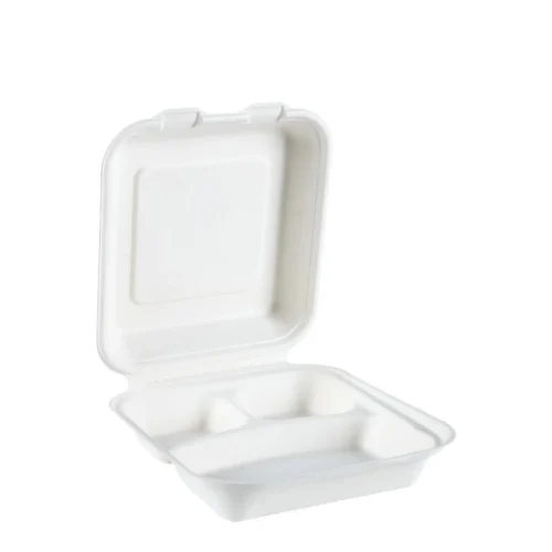 Compostable 8x8x2.5 hinged container 3 compartments for organizing meals and snacks