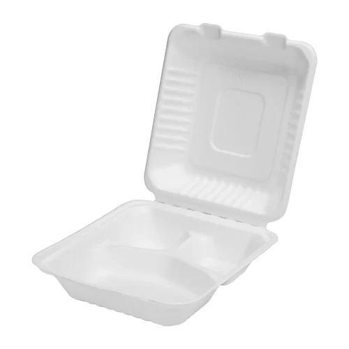 Open compostable 8x8x3 deep hinged container featuring three compartments
