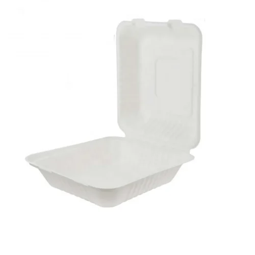 Open white compostable hinged container for food takeout needs