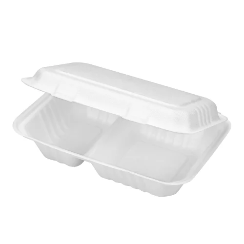 Disposable rectangular hinged container with two compartments
