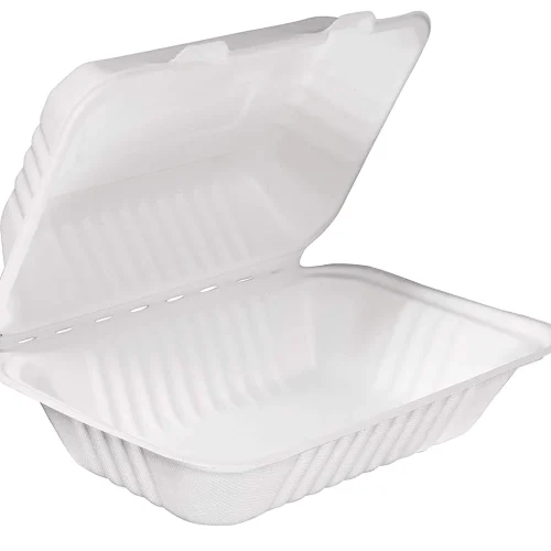 Compostable rectangular hinged container for food packaging