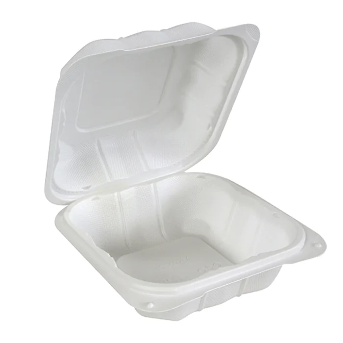 Plastic hinged container 6x6x3 designed for takeout food