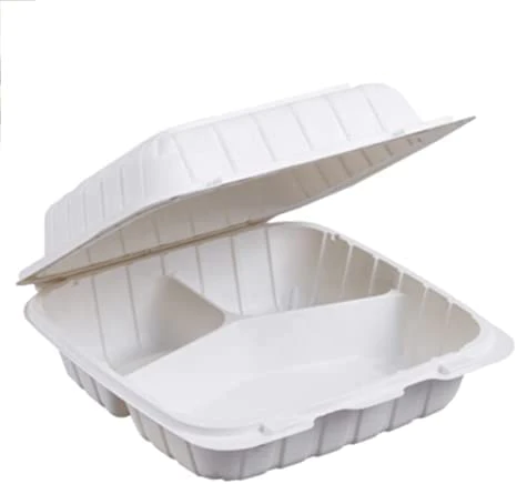 Neatly organize food in three compartment hinged containers measuring 7x7x3 inches
