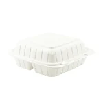 Hinged Container - 8x8x3 inches, 3 Compartments. Eco-friendly and durable, this container features three sections and a secure hinged lid, ideal for organized take-out and catering.