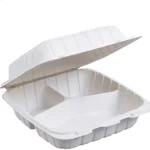 Hinged Container - 8x8x3 inches, 3 Compartments. Eco-friendly and durable, this container features three sections and a secure hinged lid, ideal for organized take-out and catering.