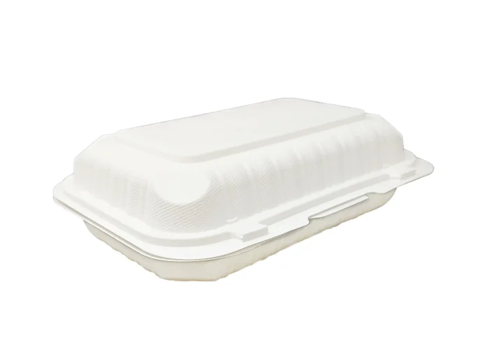 Hinged Rectangular Container - 9x6x2.52 inches, Shallow. Ideal for eco-friendly food service, this container features a secure hinged lid and is perfect for take-out and catering.