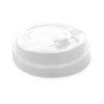 White 80mm hot cup lids designed to fit snugly on hot beverage cups, helping to prevent spills and keep drinks hot.
