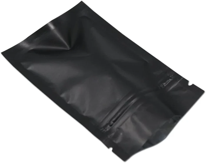 Clear front matte black Mylar bag with thick barrier material to protect from moisture, gas and odor