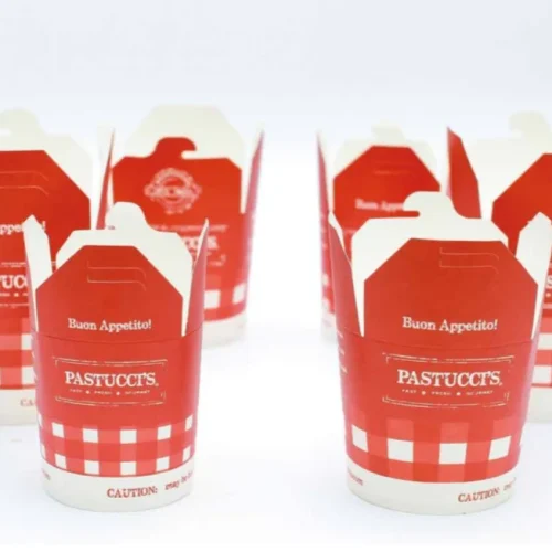 Customizable red and white noodle boxes featuring graphics, typography, and design options