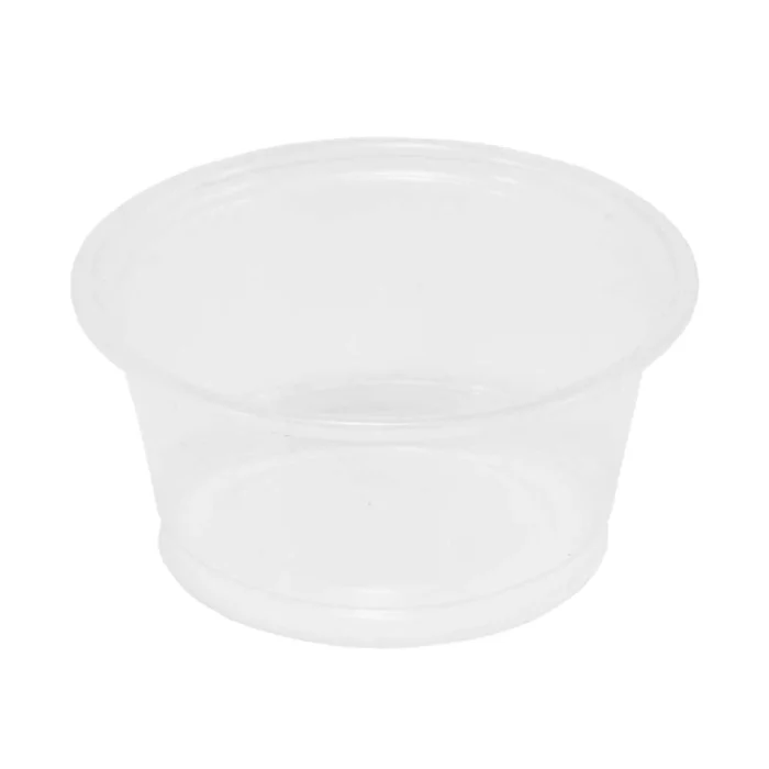 Round portion cups with a capacity of 1.5 oz made of recyclable plastic