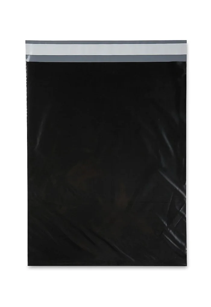 Black poly mailer bag featuring a self-sealing closure