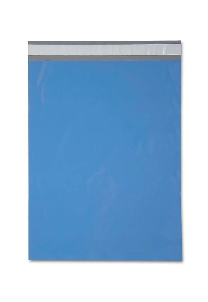 Blue poly mailer bag with self sealing design