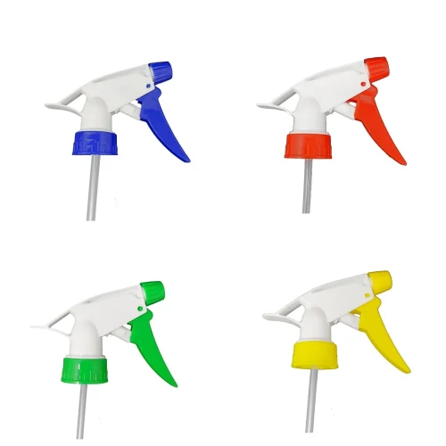 Red, green, blue, yellow nozzle heads of spray bottle
