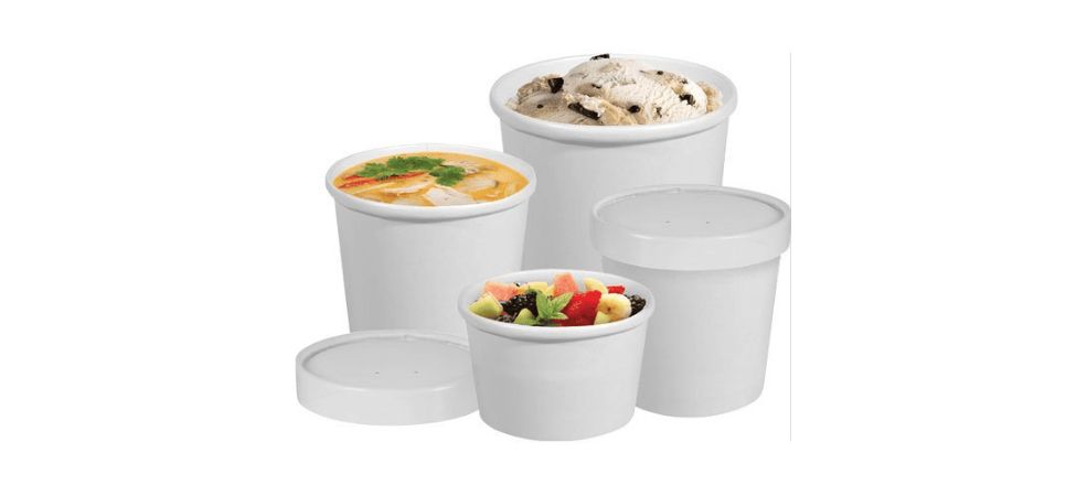 Paper containers for food are made from poly-coated paperboard, making them durable and moisture-resistant. 
