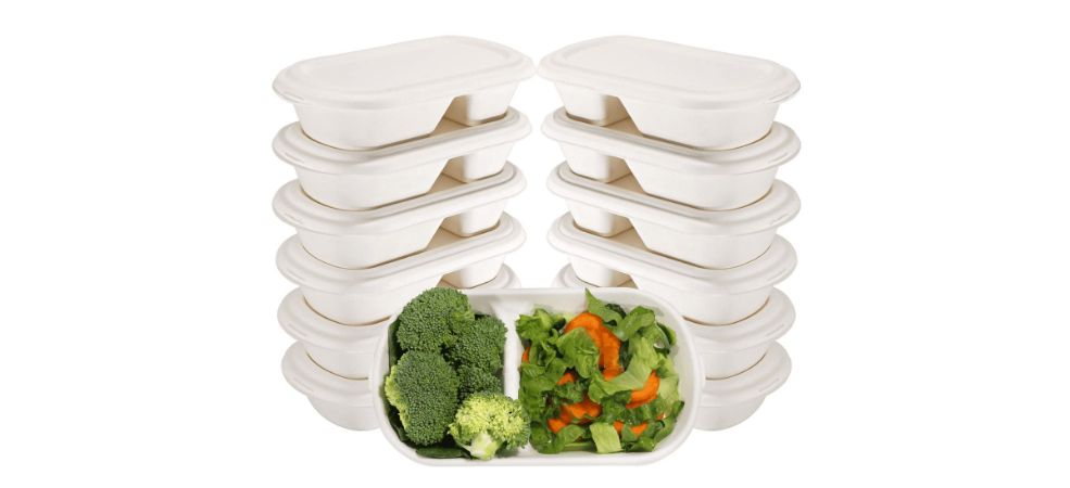 Our compostable take out food containers and utensils are made from sugarcane pulp material and bamboo, respectively. 